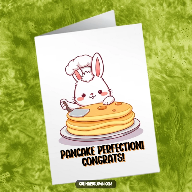 Funny Free Printable Congratulations Card showing a proud bunny chef flipping a massive pancake with a spatula, celebrating achievement with skill.