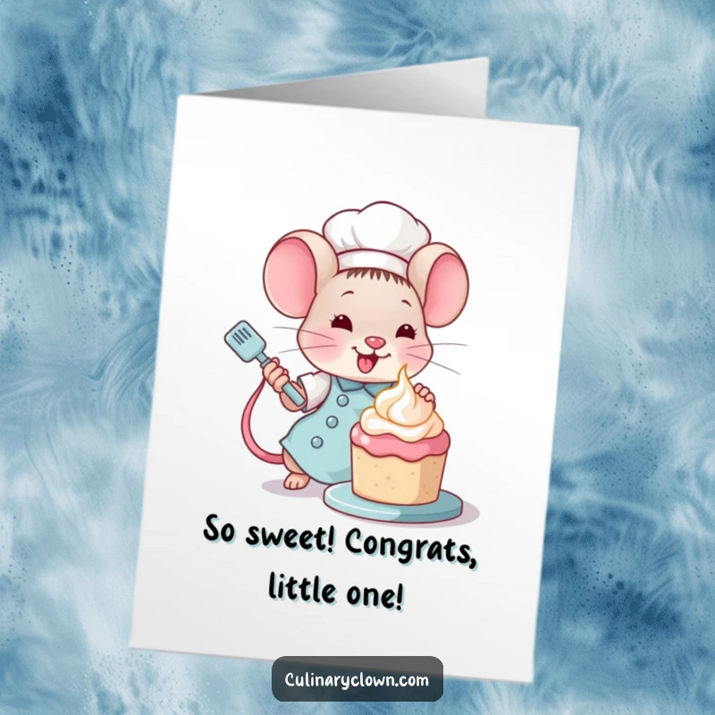 Funny Free Printable Congratulations Card: Kawaii mouse chef decorating a tiny cake with frosting, celebrating a sweet victory.
