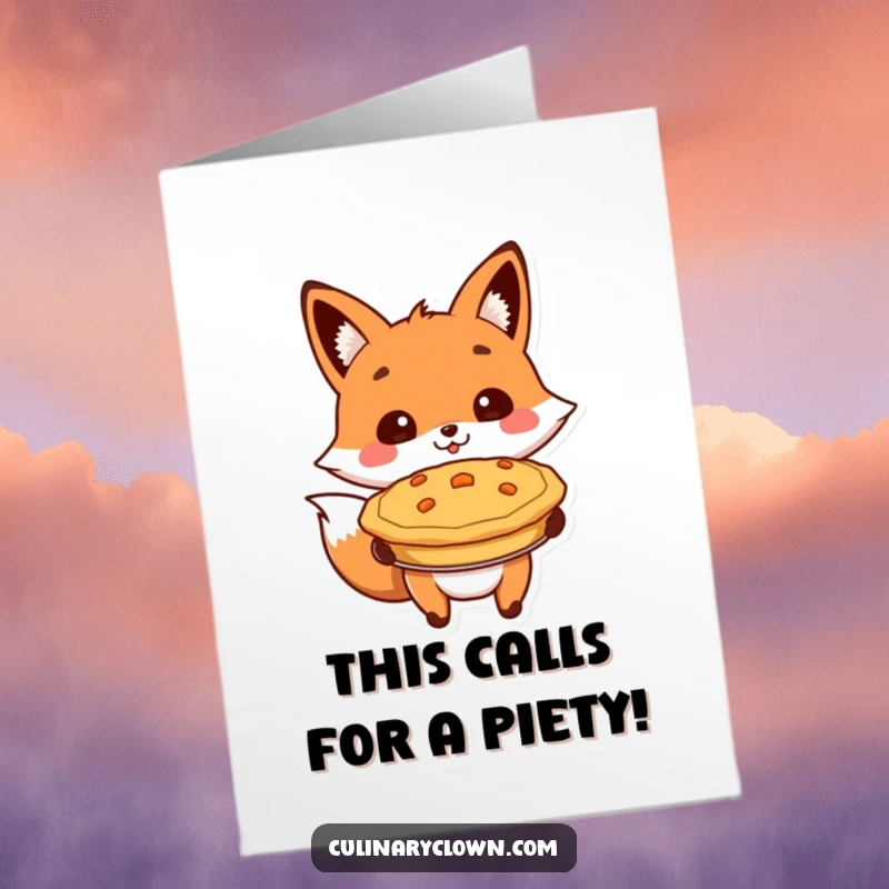 Funny Free Printable Congratulations Card: A happy fox proudly presents a baked pie, celebrating your sweet accomplishment.