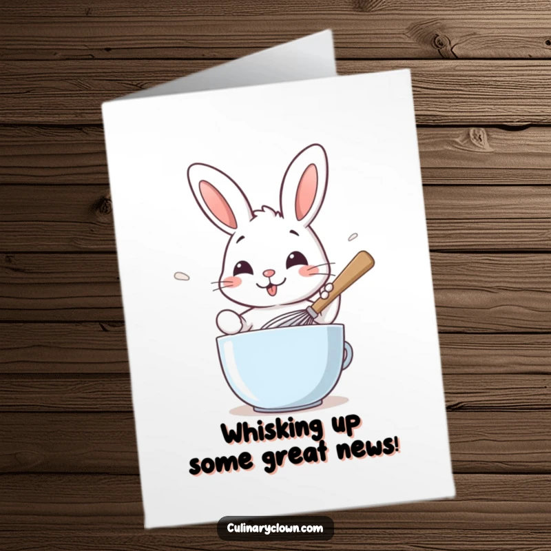 Funny Free Printable Congratulations Card: A joyful rabbit whisks batter with a giant spoon, celebrating your sweet achievement.