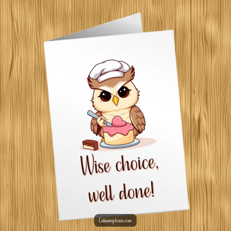 Funny free printable congratulations card featuring a determined owl chef carefully decorating a tiny cake to mark an achievement.