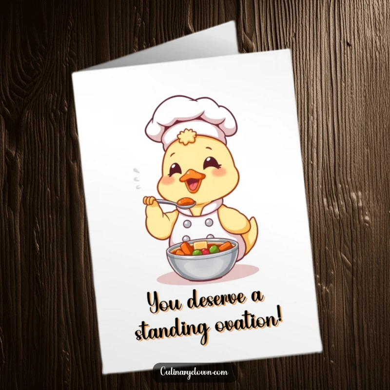 Funny Free Printable Congratulations Card: A kawaii duck chef closes eyes in delight while tasting a spoonful of rich stew, celebrating their success.