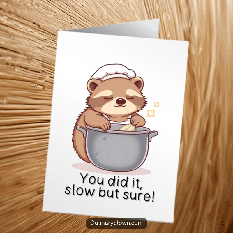 Funny free printable congratulations card showing a tired sloth chef stirring a pot, ideal for celebrating achievements at a leisurely pace.