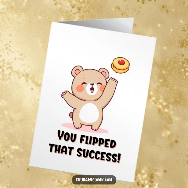 Funny Free Printable Congratulations Card: A cheerful bear excitedly tosses a pancake, celebrating your success with flair.