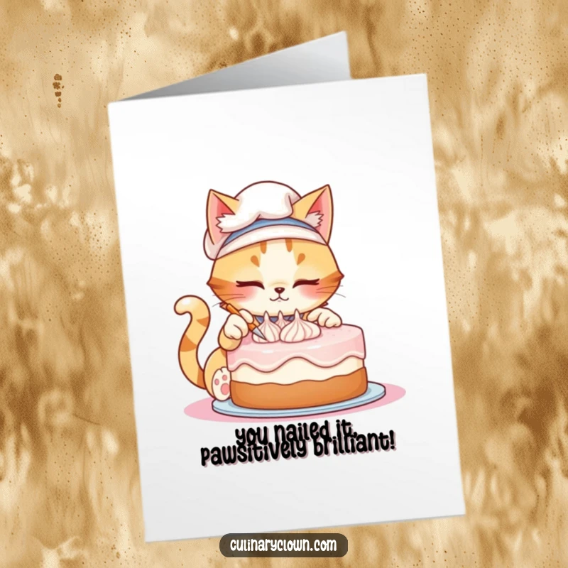 Funny Free Printable Congratulations Card: Mischievous cat chef celebrating an achievement, whimsical downloadable art.