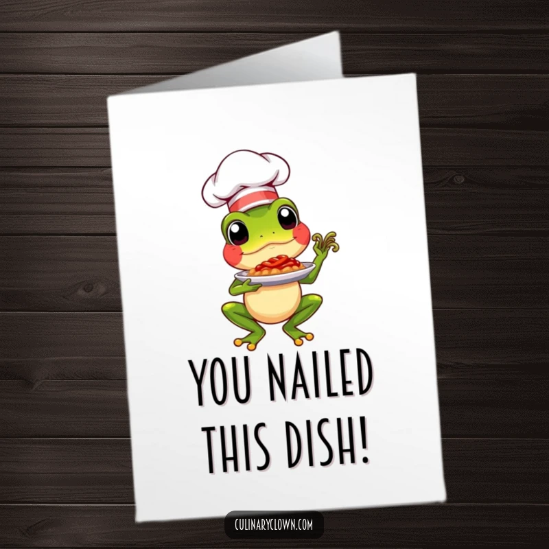 Funny Free Printable Congratulations Card: A proud chef frog character presenting a gourmet dish, celebrating your success.