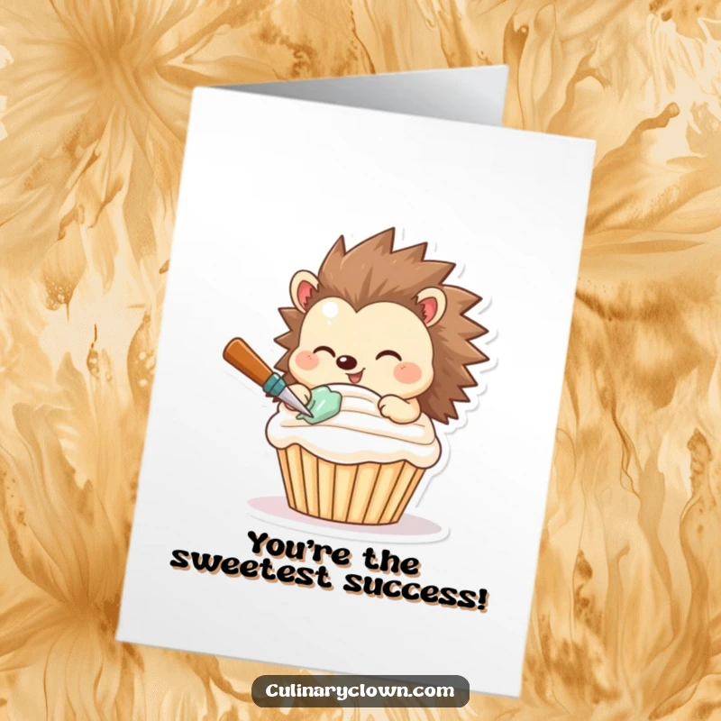 Funny Free Printable Congratulations Card: Smiling hedgehog character expertly frosting a cupcake, celebrating a wonderful achievement.