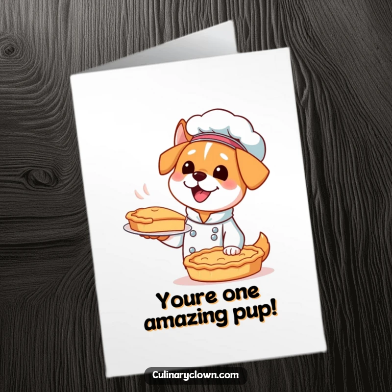 Funny Free Printable Congrats Card: A kawaii dog chef excitedly presenting a perfectly baked pie to celebrate an achievement.