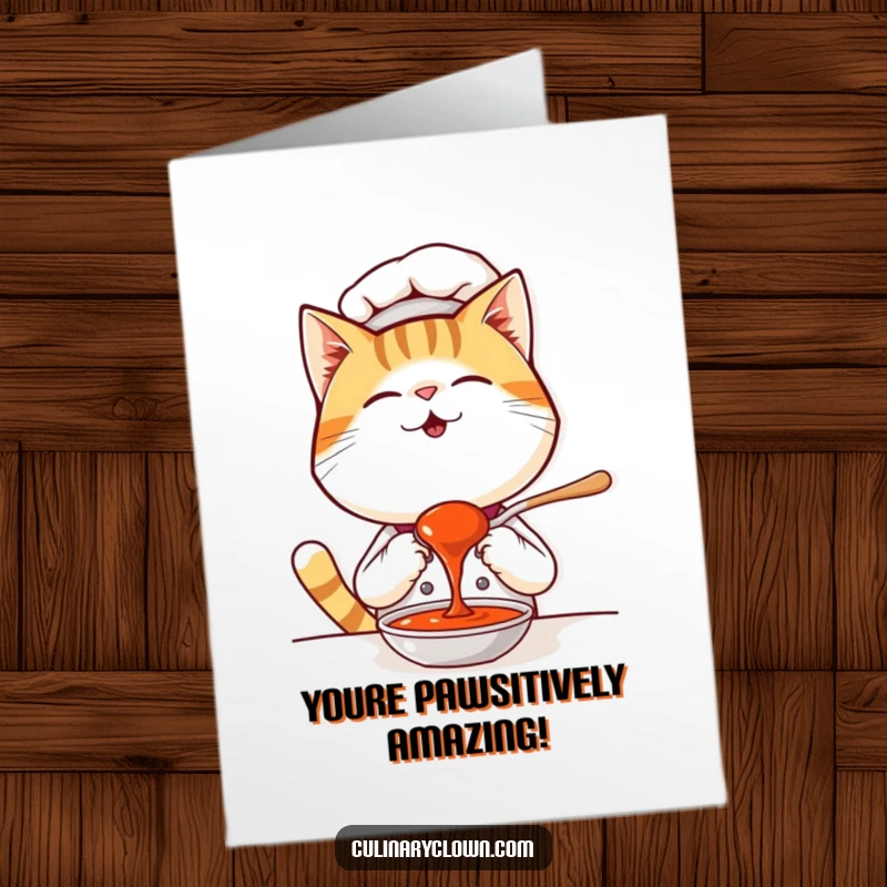 Funny Free Printable Congrats Card: A kawaii cat chef giggling while tasting a spoonful of sauce, celebrating success.