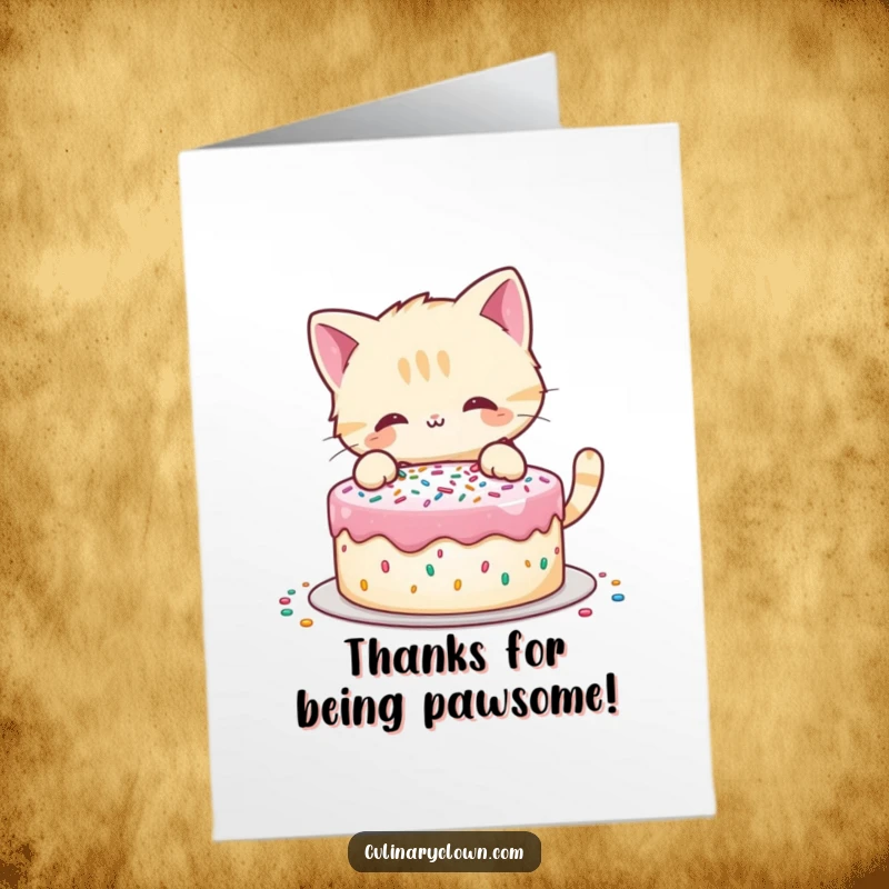 Funny Free Printable Thank You Card: A playful cat carefully decorates a cake with a cascade of colorful sprinkles.