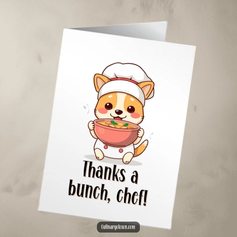 Funny Free Printable Thank You Card: A proud dog chef offers a steaming bowl of soup as a token of appreciation.