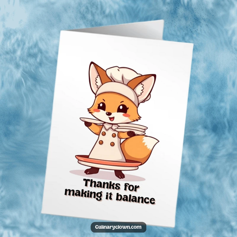 Funny Free Printable Thank You Card: A silly fox chef about to drop a stack of plates.