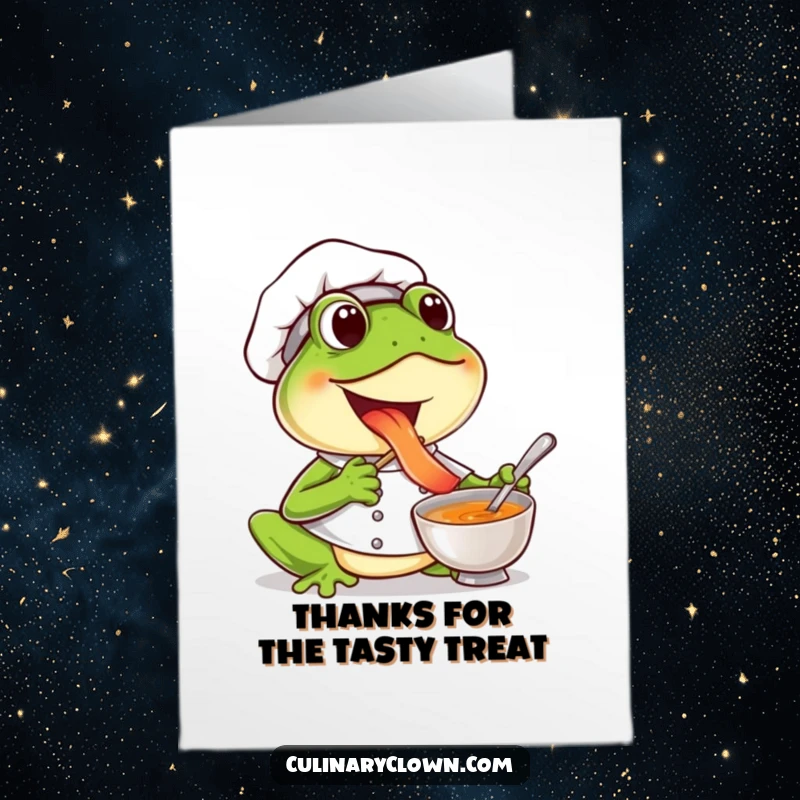 Funny free printable thank you card featuring a gleeful frog chef tasting soup, conveying appreciation with a happy and humorous touch.