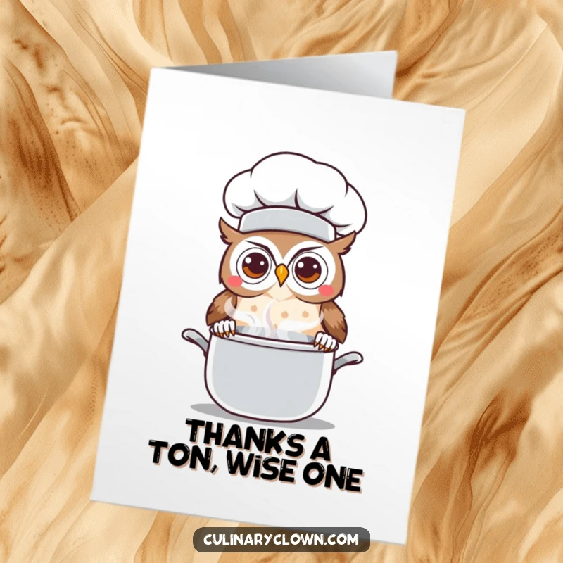 Funny Free Printable Thank You Card: Kawaii owl chef peeks curiously, sending thanks with an inquisitive glance.