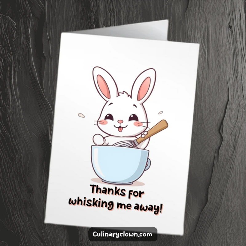 Funny Free Printable Thank You Card: A happy rabbit vigorously whisks batter with a huge spoon, expressing gratitude.