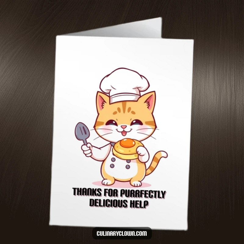 Funny Free Printable Thank You Card: Cat chef proudly flambéing a pancake, expressing thanks.