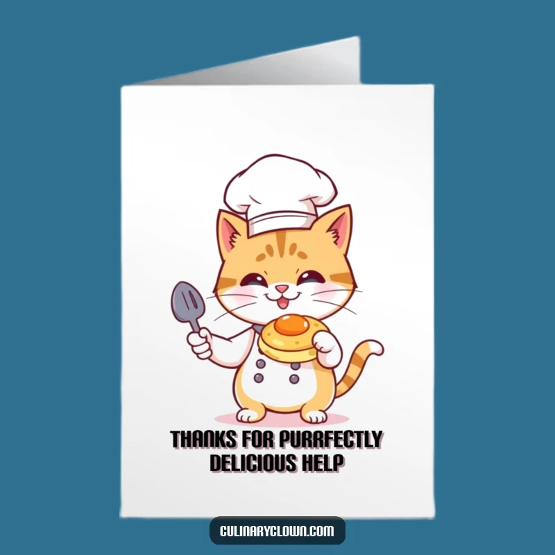 Free Printable Thank You Card: Grateful Cat Chef Flambéing Pancakes Downloadable