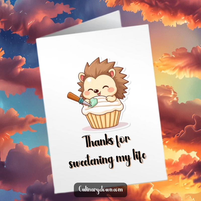 Funny Free Printable Thank You Card: Smiling hedgehog character expertly frosting a cupcake, conveying sweet gratitude.