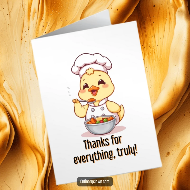 Funny Free Printable Thank You Card: A kawaii duck chef happily savors a spoonful of stew, a warm thank you for their kindness.
