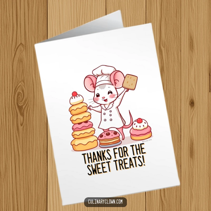 Funny Free Printable Thank You Card: Kawaii mouse chef proudly presents a wobbly tower of pastries, a sweet thanks for your kindness.