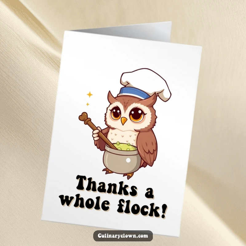 Funny Free Printable Thank You Card featuring a curious owl chef stirring a bubbling potion, its expression conveying thanks.