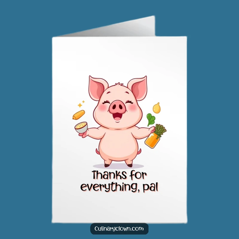 Free Printable Thank You Card: Pig Juggling Ingredients Funny Downloadable Gift