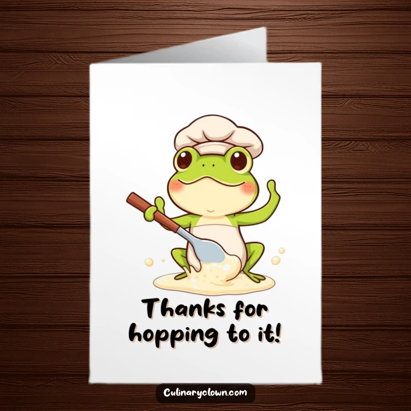 Funny Free Printable Thank You Card: Kawaii frog chef gleefully splashing batter with a big spoon, expressing thanks with glee.