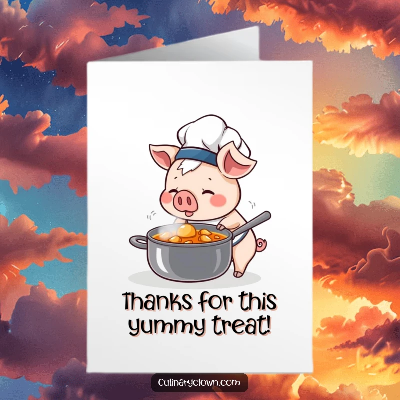 Funny Free Printable Thank You Card: Kawaii pig chef curiously sniffing a steaming stew pot, expressing gratitude with delight.