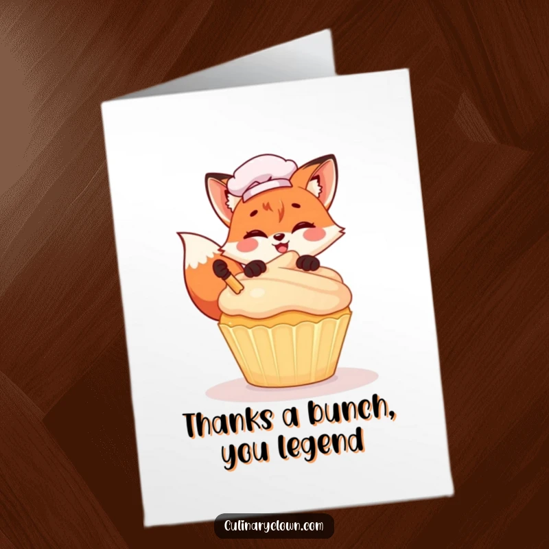 Funny Free Printable Thank You Card: Kawaii fox chef adds the final frosting touch, saying thank you sweetly.