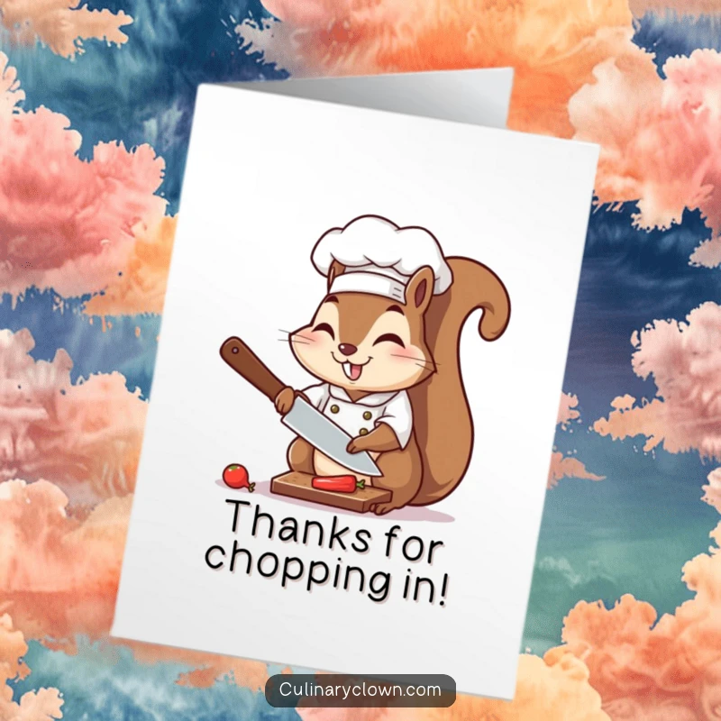 Funny Free Printable Thank You Card: A focused chef squirrel enthusiastically chopping an ingredient, showing gratitude with culinary flair.