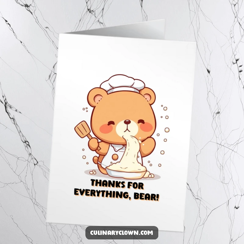 Funny free printable thank you card featuring a kawaii bear chef looking surprised after accidentally spraying flour everywhere.