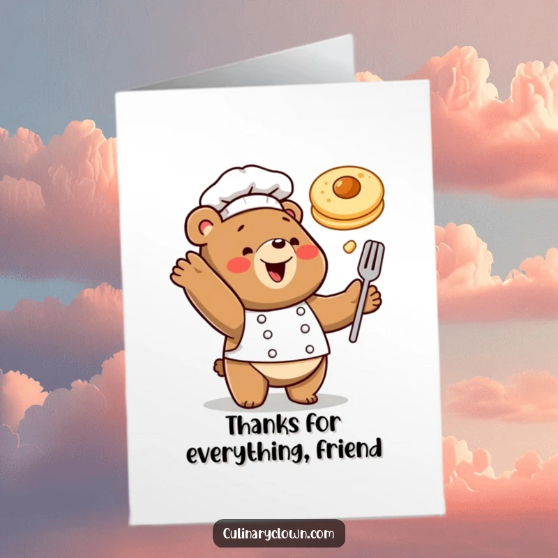 Funny Free Printable Thank You Card: A happy bear chef tossing a pancake, with a warm smile and a grateful expression.