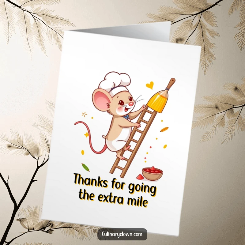 Funny free printable thank you card of a brave mouse chef climbing a ladder for spices, expressing thanks for their efforts.