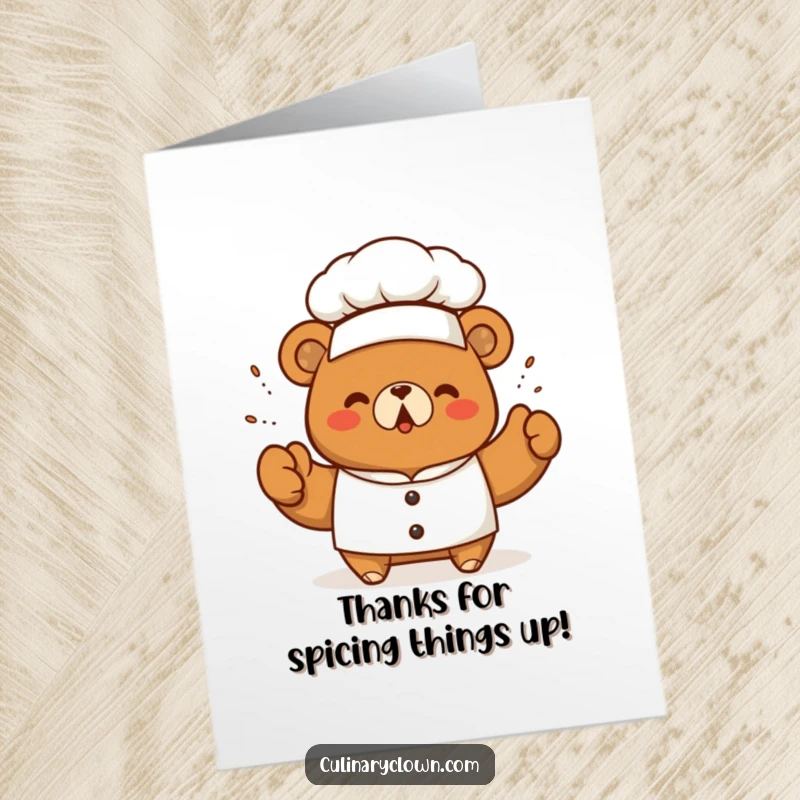 Funny Free Printable Thank You Card: A kawaii bear chef triumphantly sprinkling seasoning, conveying heartfelt thanks.