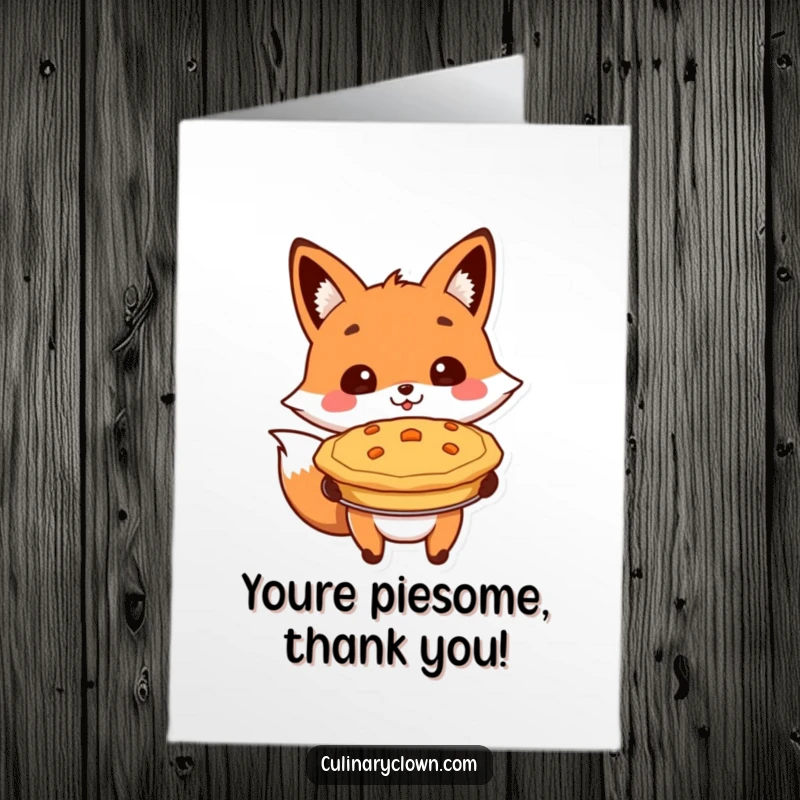 Funny Free Printable Thank You Card: A cheerful fox proudly displays a delicious baked pie, a fun way to say thank you.