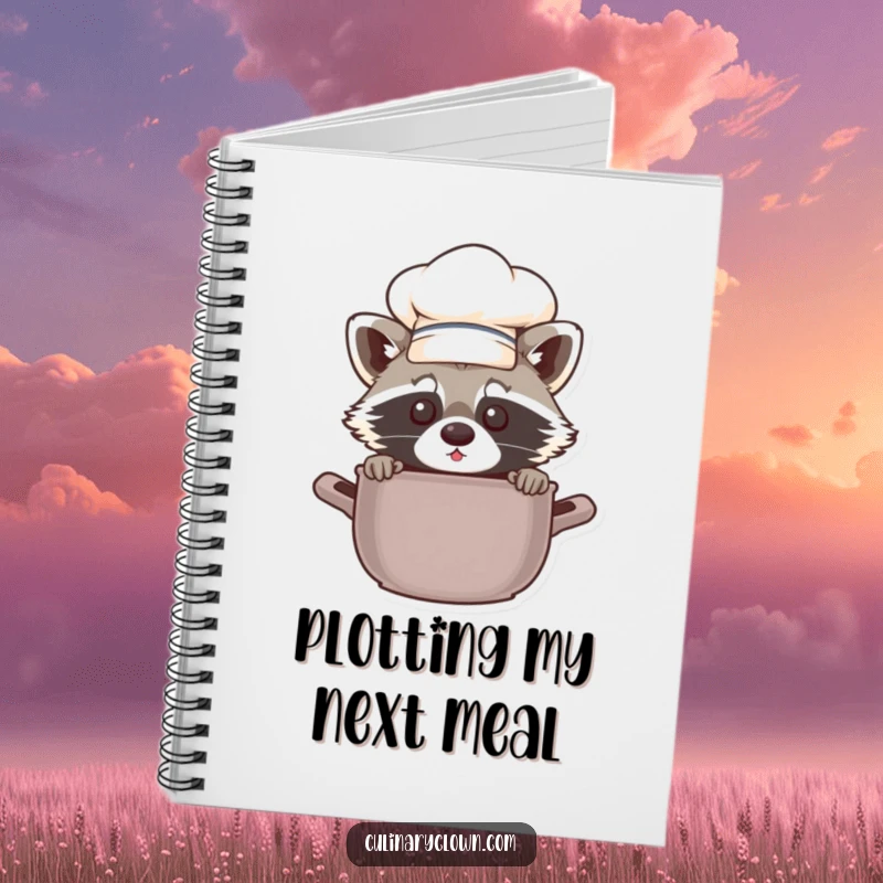 Funny chef raccoon peeking from a notebook cover, a humorous and practical journal for note-taking.