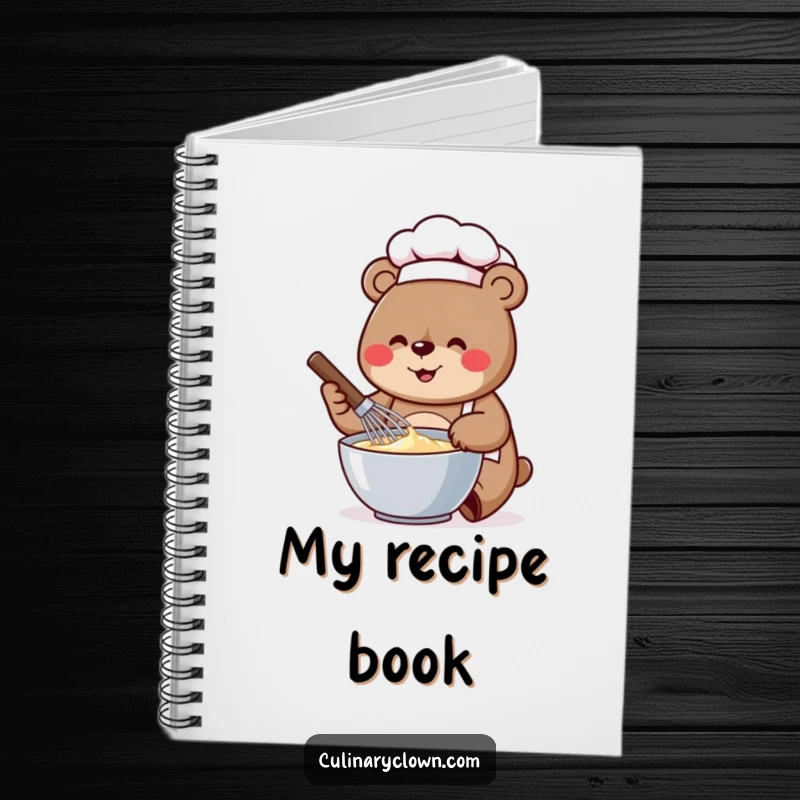 Funny notebook cover with a cheerful bear chef whisking batter in a bowl, ready for recipes.
