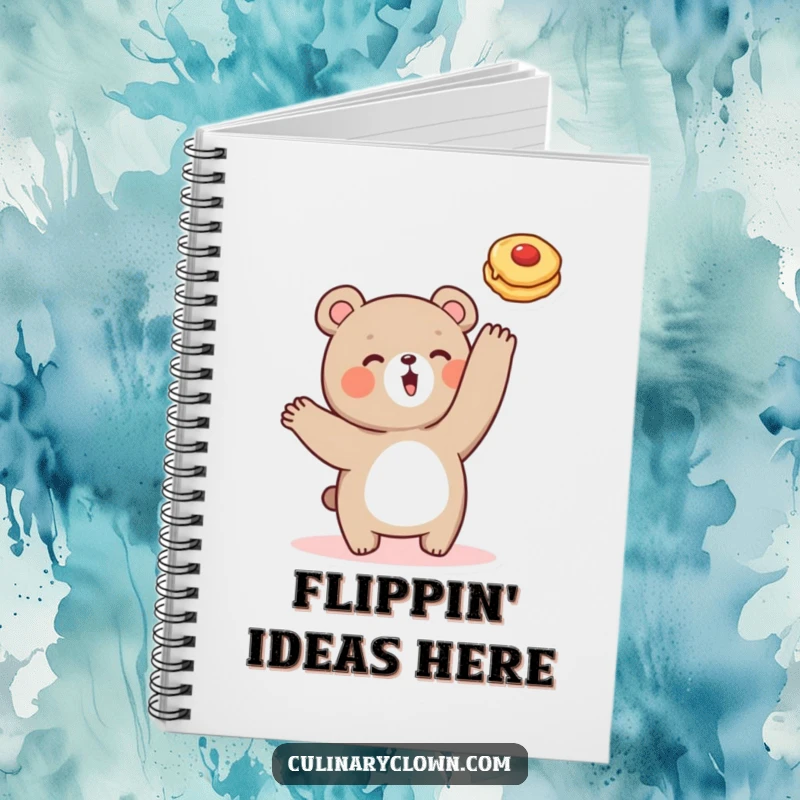 Funny notebook with a cute bear character gleefully flipping a pancake, designed for capturing bright ideas.