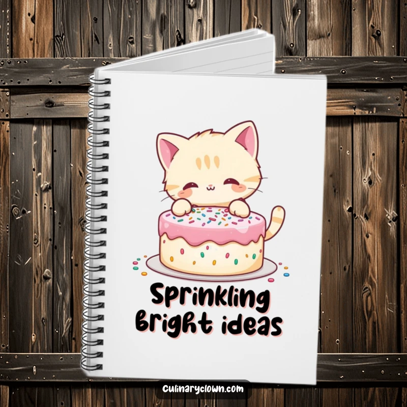 Funny notebook with a playful cat character decorating a cake with sprinkles, ideal for recipe storage.