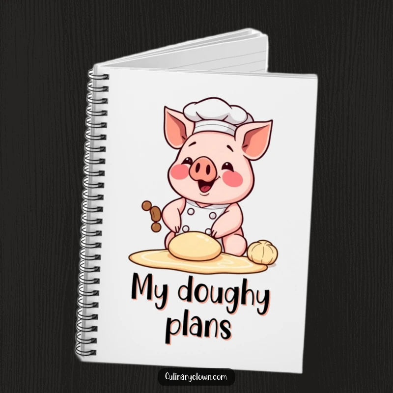 Funny notebook with a happy chef pig character kneading dough, ideal for journaling baking ideas with humorous flair.