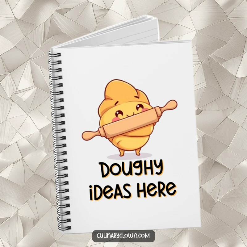 Funny Notebook with a croissant character diligently using a rolling pin, perfect for jotting down baking ideas with humor.