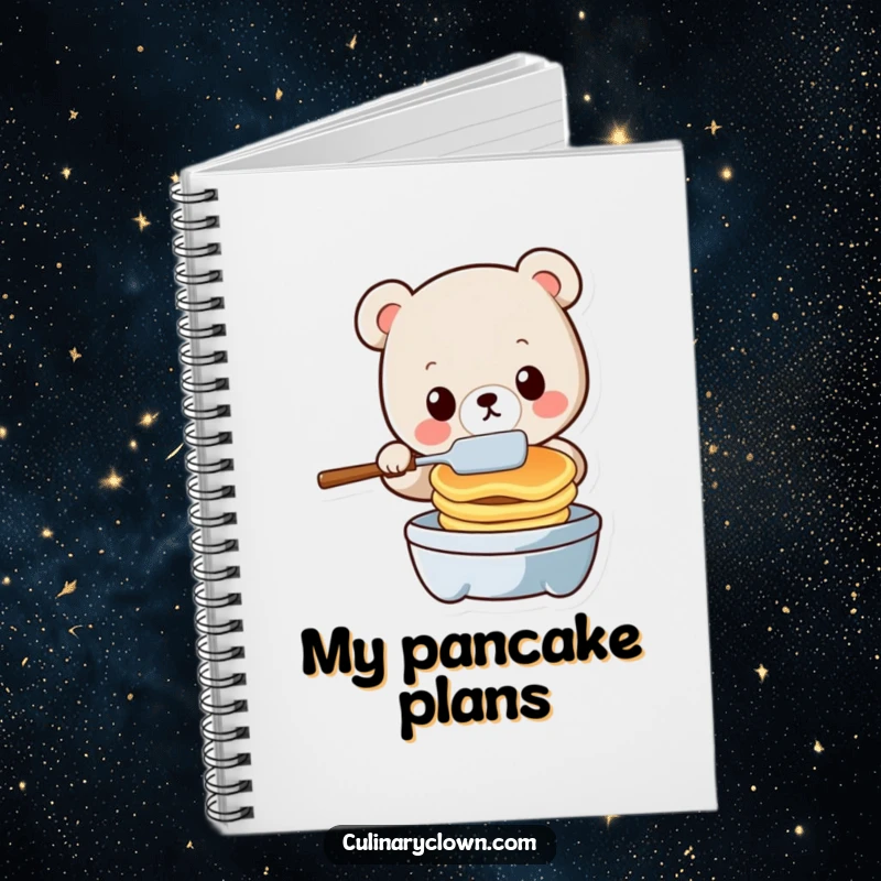 Funny kawaii bear character mid-pancake flip on a notebook cover, perfect for jotting down funny thoughts.