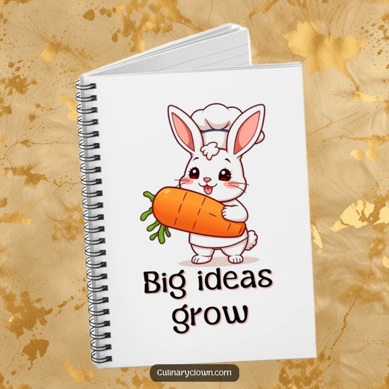 Funny kawaii bunny chef proudly holding a giant carrot, featured on the cover of a delightful and inspiring notebook.