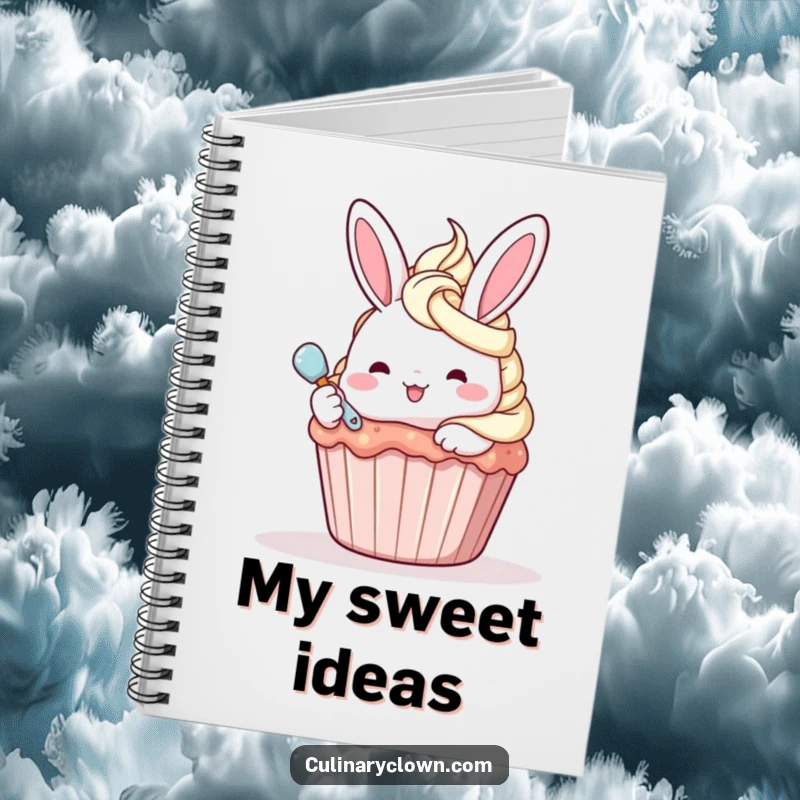 Funny kawaii bunny character frosting a cupcake on a notebook, perfect for jotting down sweet thoughts.