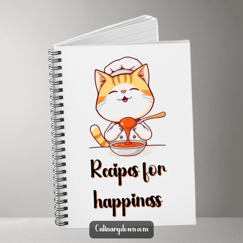 Funny Kawaii Cat Chef Notebook: A giggling cat chef tasting sauce on a journal cover, perfect for recipe writing.