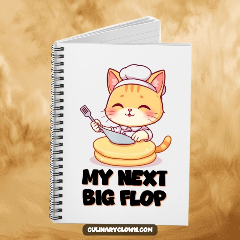 Funny kawaii cat chef in a chef hat comically failing to flip a large pancake, shown on the cover of a notebook.