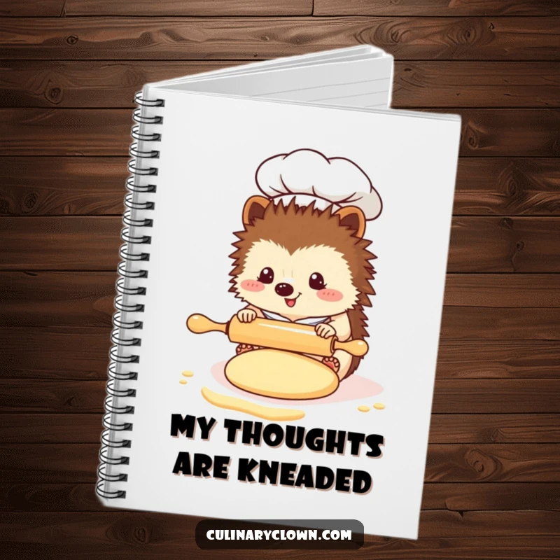 Funny Kawaii Hedgehog Chef Notebook: A cute hedgehog chef uses a tiny rolling pin on dough, ideal for jotting down baking ideas.