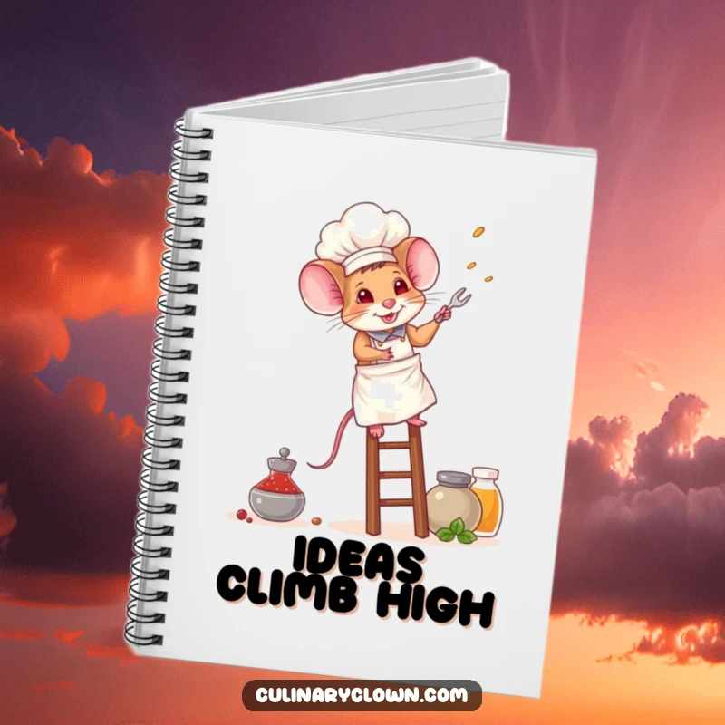 Funny mouse chef notebook with a brave mouse in a chef's hat, climbing a ladder towards spice jars on the cover.