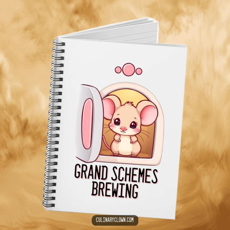 Funny notebook with a curious mouse character peeking into an oven, perfect for notes and recipe ideas.