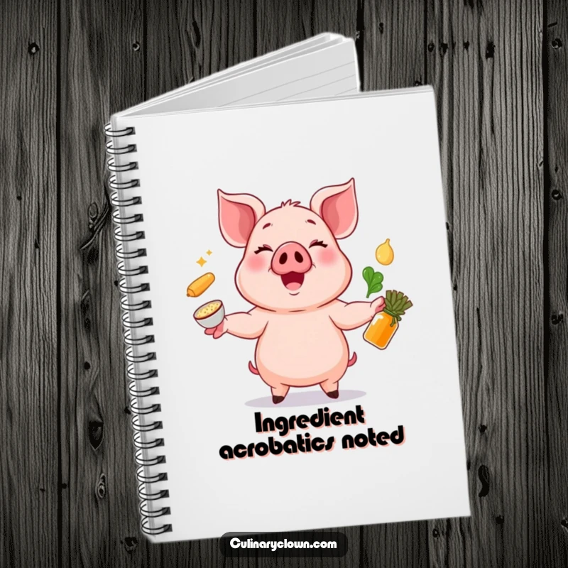 Funny notebook featuring a cheerful pig juggling ingredients, ideal for writing recipes and kitchen notes.